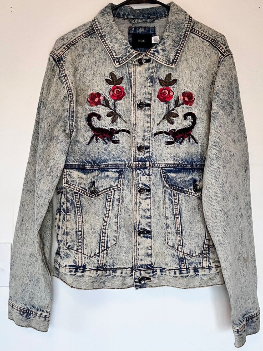 BDG Acid Wash Denim Jacket Embroidered Scorpion & Roses